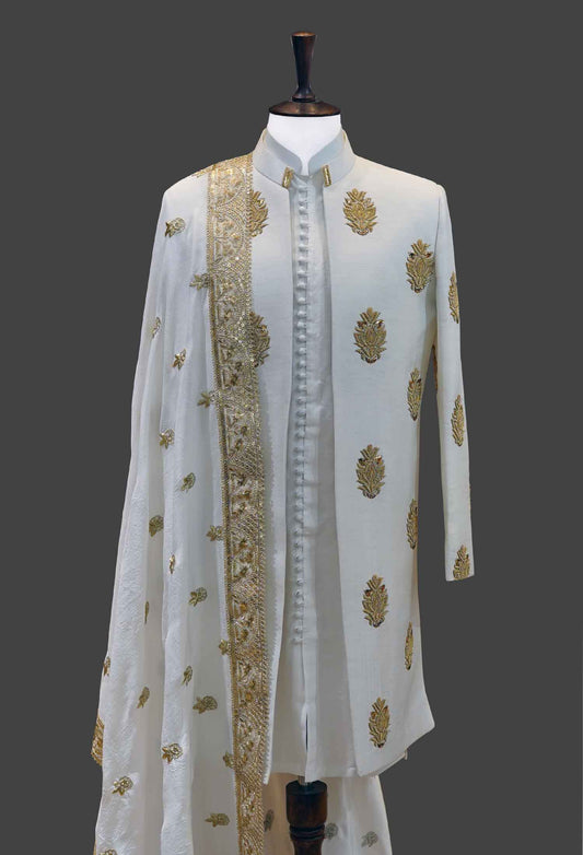 White Sherwani with All Over Gold Embroidery