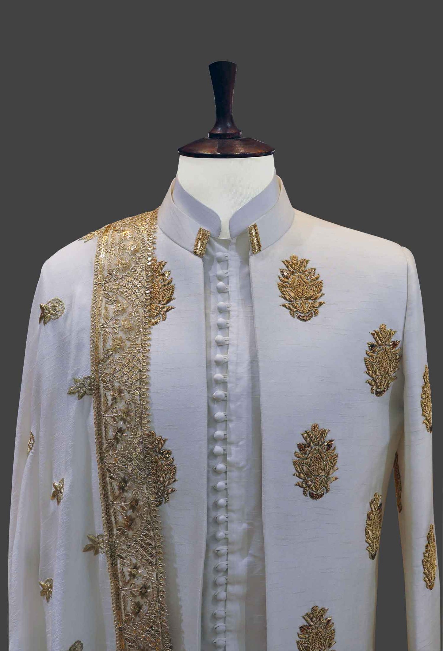 White Sherwani with All Over Gold Embroidery