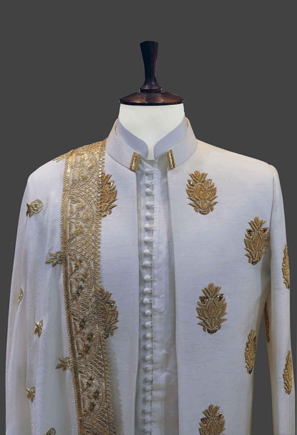 White Sherwani with All Over Gold Embroidery
