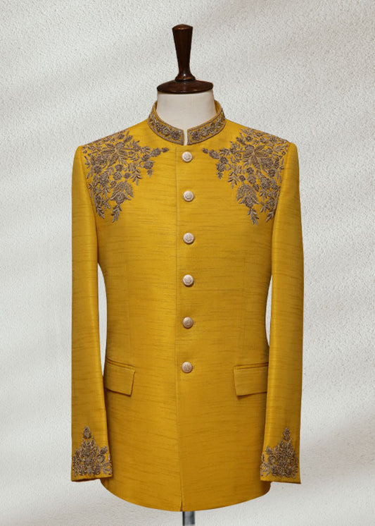 Yellow Raw Silk Bandhgala with Hand Embroidery | Festive Ethnic Jacket for Men