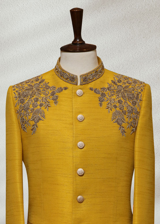 Yellow Raw Silk Bandhgala with Hand Embroidery | Festive Ethnic Jacket for Men