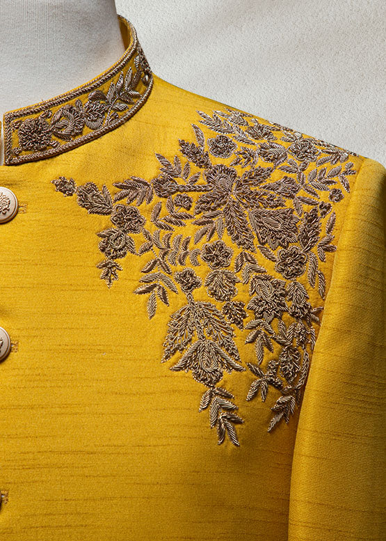 Yellow Raw Silk Bandhgala with Hand Embroidery | Festive Ethnic Jacket for Men