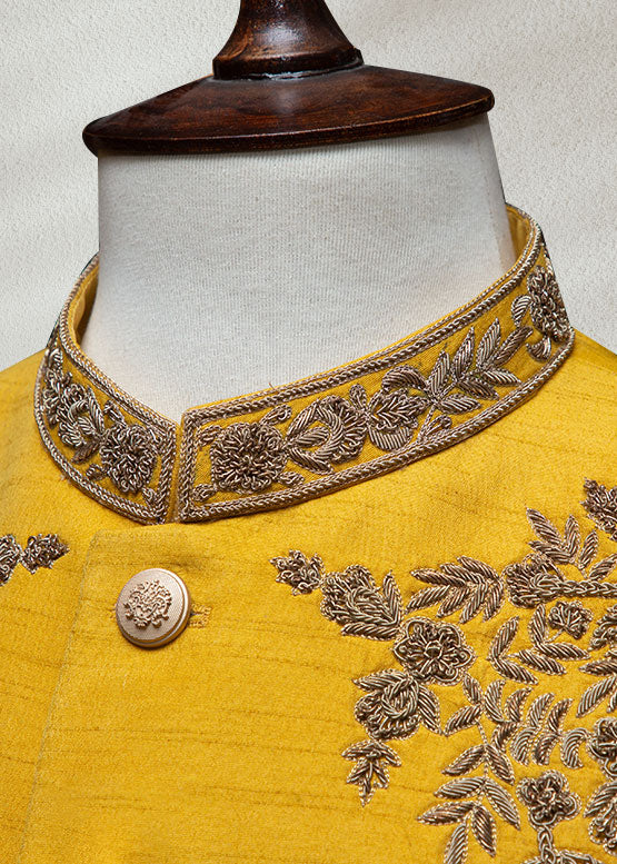 Yellow Raw Silk Bandhgala with Hand Embroidery | Festive Ethnic Jacket for Men