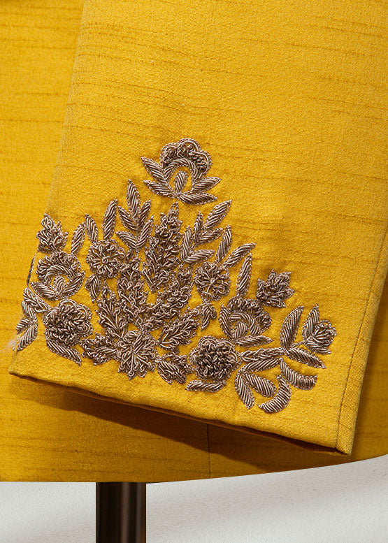 Yellow Raw Silk Bandhgala with Hand Embroidery | Festive Ethnic Jacket for Men
