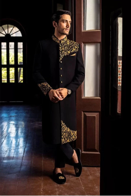 Black Sherwani with Gold Embroidery