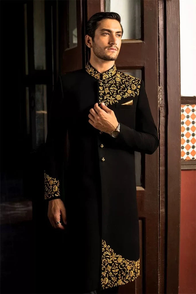 Black Sherwani with Gold Embroidery