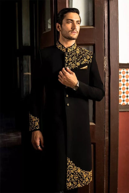 Black Sherwani with Gold Embroidery