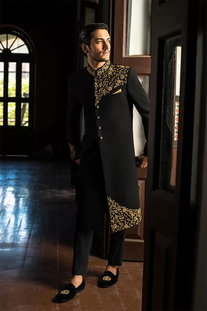 Black Sherwani with Gold Embroidery