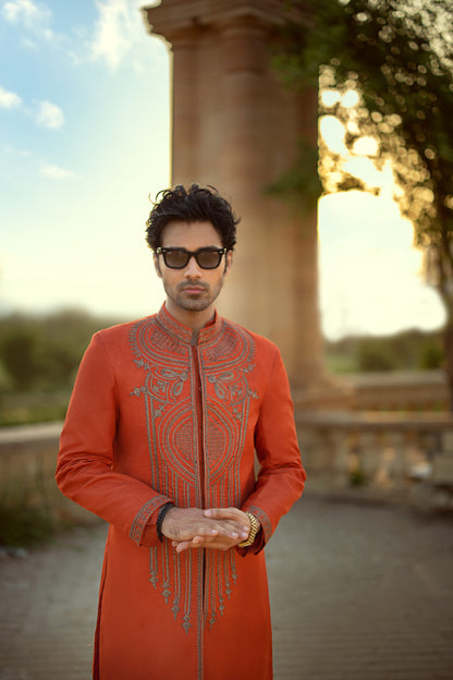 Orange Sherwani with Hand Embroidery