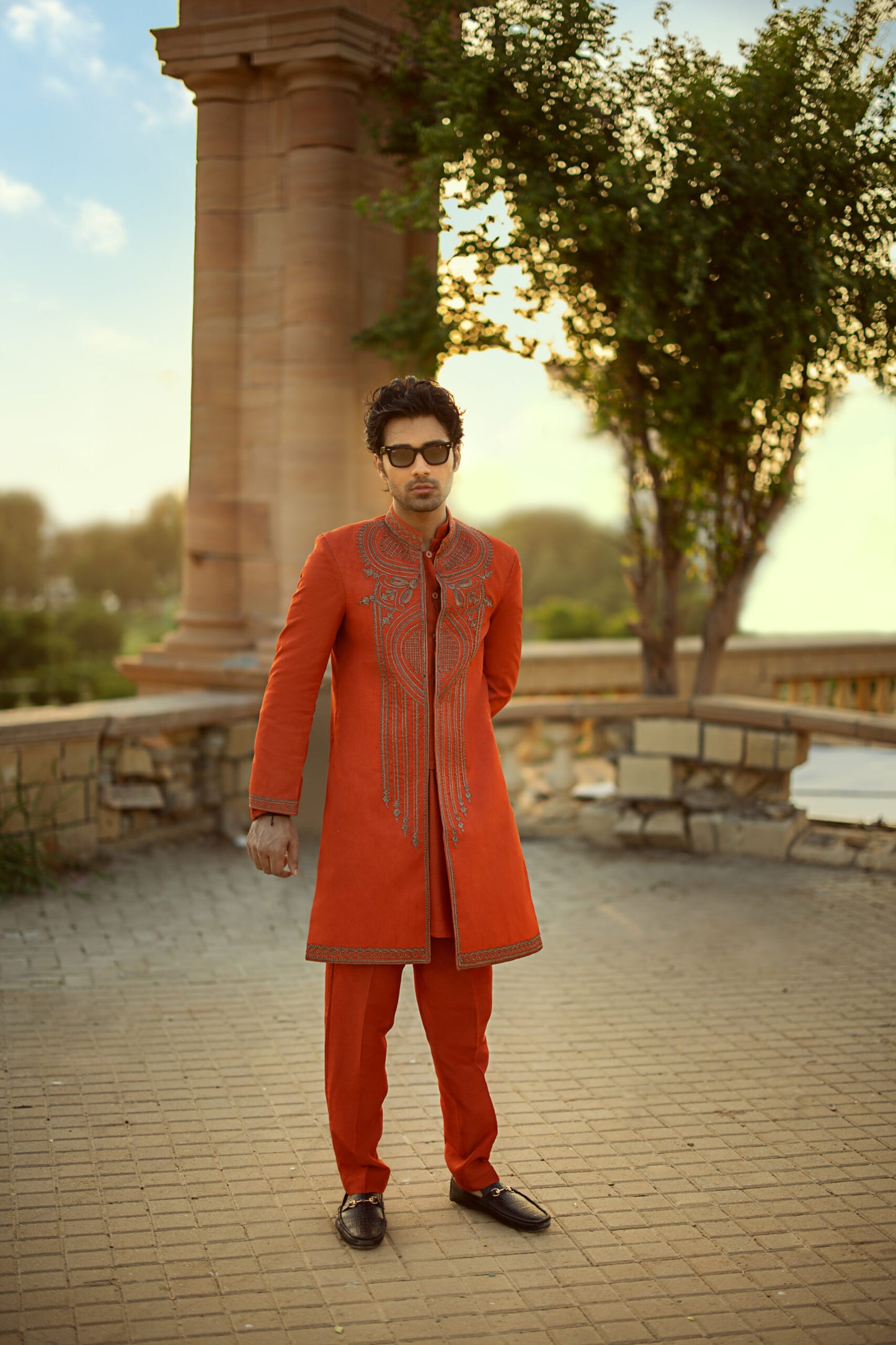 Orange Sherwani with Hand Embroidery