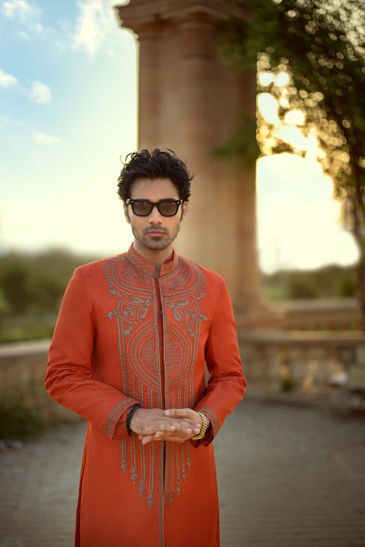 Orange Sherwani with Hand Embroidery